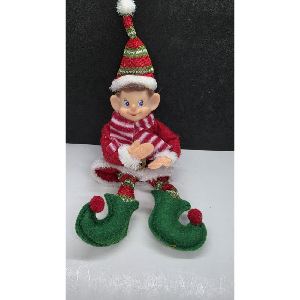 Rubber Face Pixie Elf Shelf Sitter Ornament Red Sweater Christmas Poseable 8"